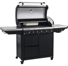 Tenneker Gasgrill Spectra mit geöffnetem Deckel, Seitenablagen, mehreren Brennern und Unterschrank mit Rollen.