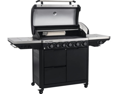 Tenneker Gasgrill Spectra mit geöffnetem Deckel, Seitenablagen, mehreren Brennern und Unterschrank mit Rollen.