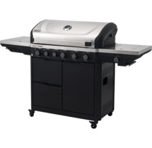 Gasgrill Tenneker Spectra III mit 6 Hauptbrennern, Seitenbrenner, Edelstahlhaube und schwarzem Unterschrank auf Rollen.