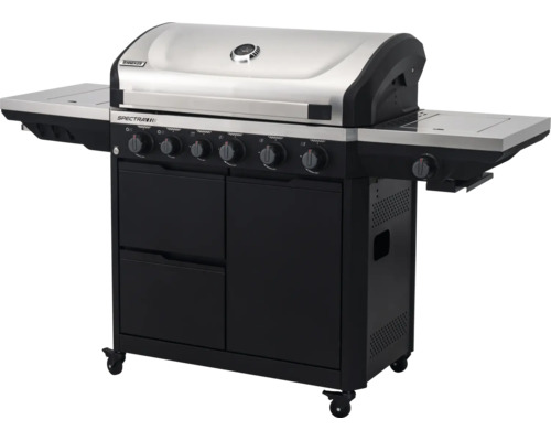 Gasgrill Tenneker Spectra III mit 6 Hauptbrennern, Seitenbrenner, Edelstahlhaube und schwarzem Unterschrank auf Rollen.