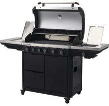 Gasgrill Spectra mit sechs Brennern, offenem Deckel, Seitenablagen und Unterschrank auf Rollen.