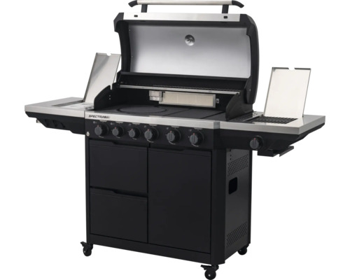 Gasgrill Spectra mit sechs Brennern, offenem Deckel, Seitenablagen und Unterschrank auf Rollen.