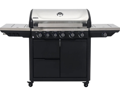 Tenneker Spectra Gasgrill mit sechs Hauptbrennern, einem Seitenbrenner, Deckelthermometer und Unterschrank.