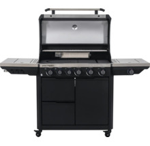 Gasgrill Spectra mit geöffnetem Deckel, sechs Brennern, Seitenablagen und Unterschrank auf Rollen.