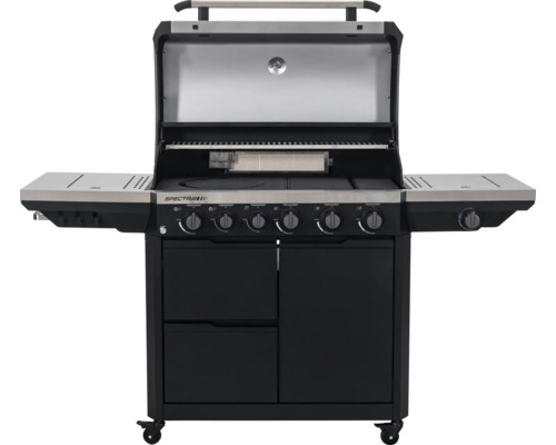 Gasgrill Spectra mit geöffnetem Deckel, sechs Brennern, Seitenablagen und Unterschrank auf Rollen.