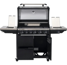 Gasgrill Spectra mit geöffnetem Deckel, Seitenbrennern, mehreren Drehreglern und geöffnetem Unterschrank auf Rollen.