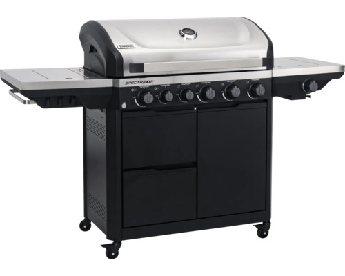 Tenneker Spectra Gasgrill mit Deckelthermometer, Seitenablagen und Unterschrank auf Rollen.