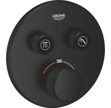 Grohe Unterputz-Thermostat SmartControl, rund, matt schwarz, zwei Bedienknöpfe für Brausen und ein Temperaturwähler bei 38 Grad Celsius.