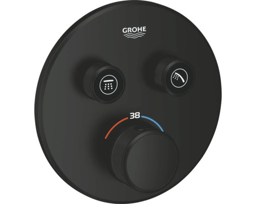 Grohe Unterputz-Thermostat SmartControl, rund, matt schwarz, zwei Bedienknöpfe für Brausen und ein Temperaturwähler bei 38 Grad Celsius.