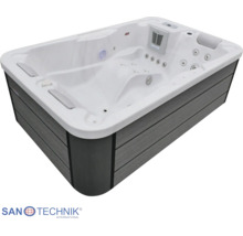 Außenwhirlpool mit Massagedüsen, Nackenstützen, Bedienpanel und Sanotechnik International Logo.