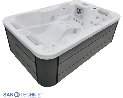 Außenwhirlpool mit Massagedüsen, Nackenstützen, Bedienpanel und Sanotechnik International Logo.
