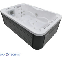 Sanotechnik Whirlpool rechteckig, weißes Becken, graue Verkleidung, Massagedüsen, Kopfstützen, Bedienfeld und Sanotechnik International Logo.