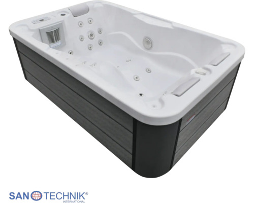 Sanotechnik Whirlpool rechteckig, weißes Becken, graue Verkleidung, Massagedüsen, Kopfstützen, Bedienfeld und Sanotechnik International Logo.