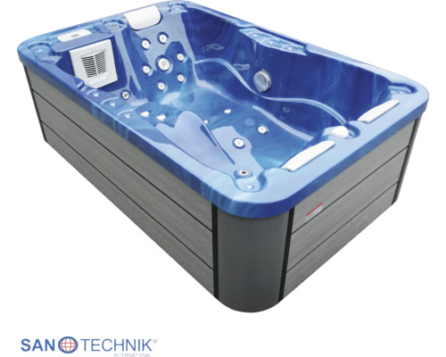 Rechteckiger Außen-Whirlpool mit marmorierter Wanne, Massagedüsen, Nackenstützen und grauer Verkleidung in Holzoptik. Sanotechnik International Logo.