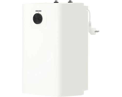 Stiebel Eltron Kleinspeicher für Untertischmontage, schwarzer Drehregler, Netzstecker und Stiebel Eltron Logo.