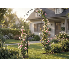 Schwarzer Rosenbogen aus Metall mit rosa und weißen Kletterrosen in einem hellen, organisierten Garten vor einem Wohnhaus.