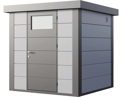 Modernes Gartenhaus aus Metall mit Flachdach, Einzeltür inklusive Fenster und Türgriff.