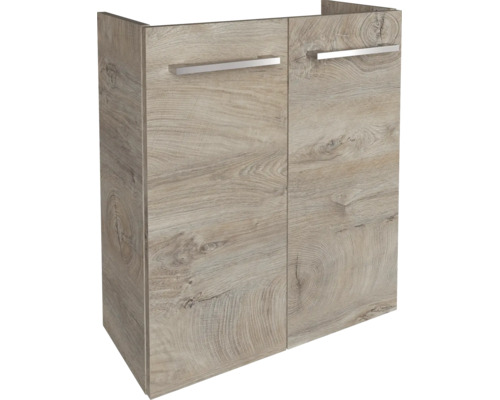 Waschbeckenunterschrank mit zwei Türen in Holzoptik Eiche und silbernen Griffen.