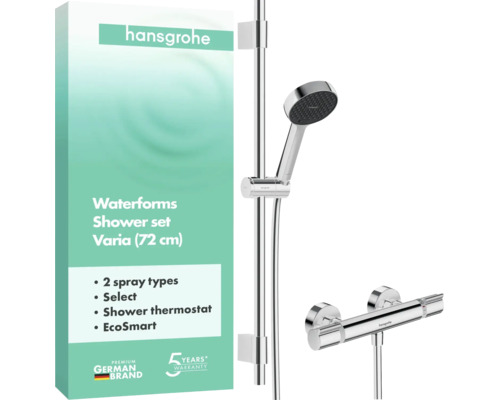 Hansgrohe Brauseset Waterforms Varia, Brausestange 72 Zentimeter, Handbrause, Thermostat, Hansgrohe Logo, fünf Jahre Garantie, deutsche Marke.