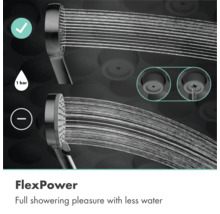 Handbrause mit FlexPower Technologie für vollen Duschgenuss bei geringem Wasserverbrauch und einem Druck von 1 bar.