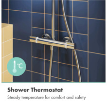 Hansgrohe Duschthermostat aus Chrom an einer gefliesten Wand mit Temperaturregler für konstante Wassertemperatur und Sicherheit.