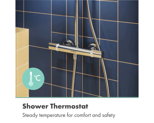 Hansgrohe Duschthermostat aus Chrom an einer gefliesten Wand mit Temperaturregler für konstante Wassertemperatur und Sicherheit.