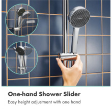 Handbrause an einer verchromten Brausestange mit Einhand-Höhenverstellung. Detailansichten zeigen Neigungsverstellung und Drehbarkeit.