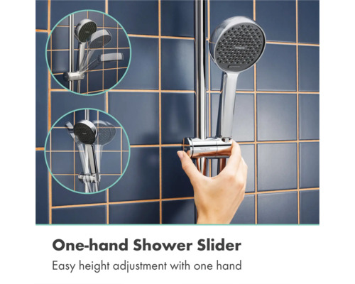 Handbrause an einer verchromten Brausestange mit Einhand-Höhenverstellung. Detailansichten zeigen Neigungsverstellung und Drehbarkeit.