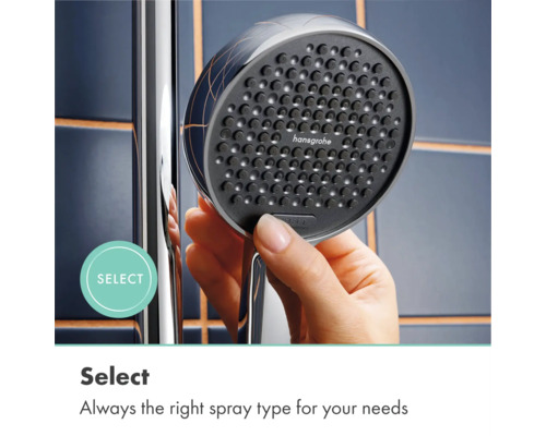 Eine Hand betätigt die Select-Taste einer hansgrohe Handbrause zum Umschalten der Strahlarten.
