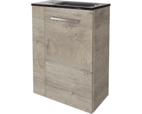 Waschtischunterschrank in Eichenoptik mit schwarzem Waschbecken und einem Metallgriff.