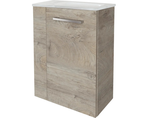 Waschtischunterschrank in Holzoptik mit weißem Waschbecken und Metallgriff.