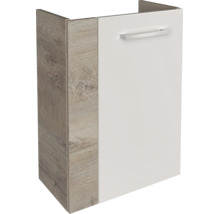 Waschbeckenunterschrank mit einer Tür, Korpus in Holzoptik, weißer Front und silbernem Griff.