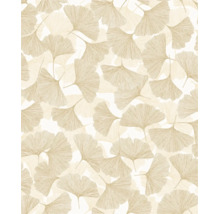 Vliestapete mit Ginkgoblatt-Muster in Beigetönen, fächerförmige Blätter für eine natürliche Wandgestaltung.
