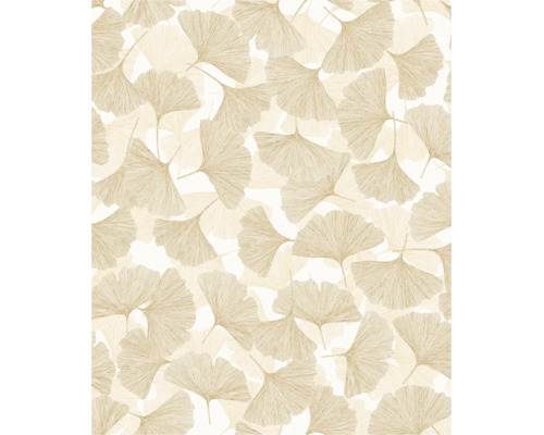 Vliestapete mit Ginkgoblatt-Muster in Beigetönen, fächerförmige Blätter für eine natürliche Wandgestaltung.