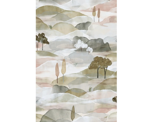 Vliestapete mit abstrakter Aquarell-Landschaft, Hügeln und Bäumen in Erdtönen.