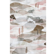 Fototapete mit abstraktem Landschaftsmotiv aus Aquarell-Hügeln und verschiedenen stilisierten Bäumen.