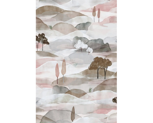 Fototapete mit abstraktem Landschaftsmotiv aus Aquarell-Hügeln und verschiedenen stilisierten Bäumen.