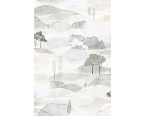 Vliestapete mit Aquarell-Landschaft, sanften Hügeln, Bergen und verschiedenen Bäumen in dezenten Grau- und Beigetönen.