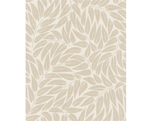 Tapete mit stilisiertem Blättermuster in Natur-Design und Leinenoptik.