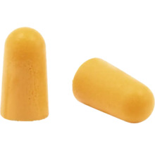 Zwei gelbe Gehörschutzstöpsel aus Schaumstoff in konischer Form.