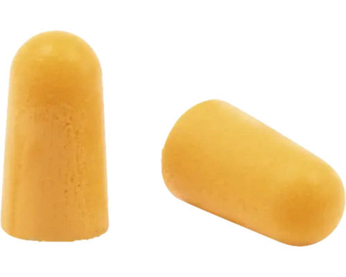 Zwei gelbe Gehörschutzstöpsel aus Schaumstoff in konischer Form.