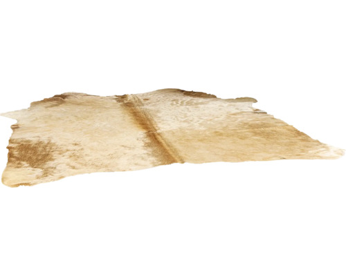 Kuhfellteppich aus echtem Naturfell mit unregelmäßiger Form.