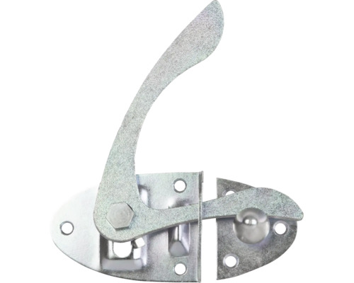 Hebeverschluss aus verzinktem Stahl für Gartentore, mit geschwungenem Griff und Montageplatten.