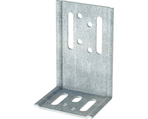 Winkelverbinder aus verzinktem Stahl mit Langlöchern und Rundlöchern.