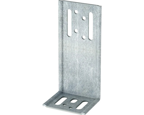 Winkelverbinder aus verzinktem Stahl mit verschiedenen vorgebohrten Befestigungslöchern und Langlöchern.