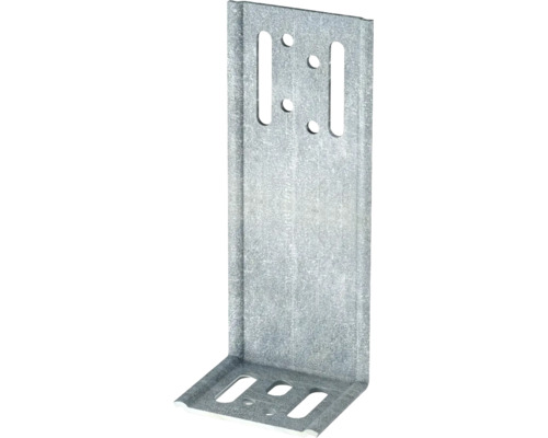 Winkelverbinder aus verzinktem Stahl mit Langlöchern und Rundlöchern für stabile Konstruktionen.