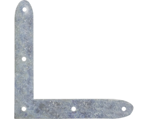 L-Winkelverbinder aus verzinktem Stahl mit abgerundeten Enden und fünf Löchern für Schrauben.