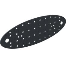Schwarze ovale Lochplatte mit zahlreichen kleinen Löchern und zwei großen Befestigungslöchern.