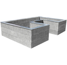 U-förmiges Hochbeet aus grauen Betonsteinen mit einer Abschlusskante aus Metall.