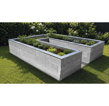 Hochbeet aus Betonsteinen mit Metallkante, bepflanzt mit Kräutern und Salat in einem Garten.